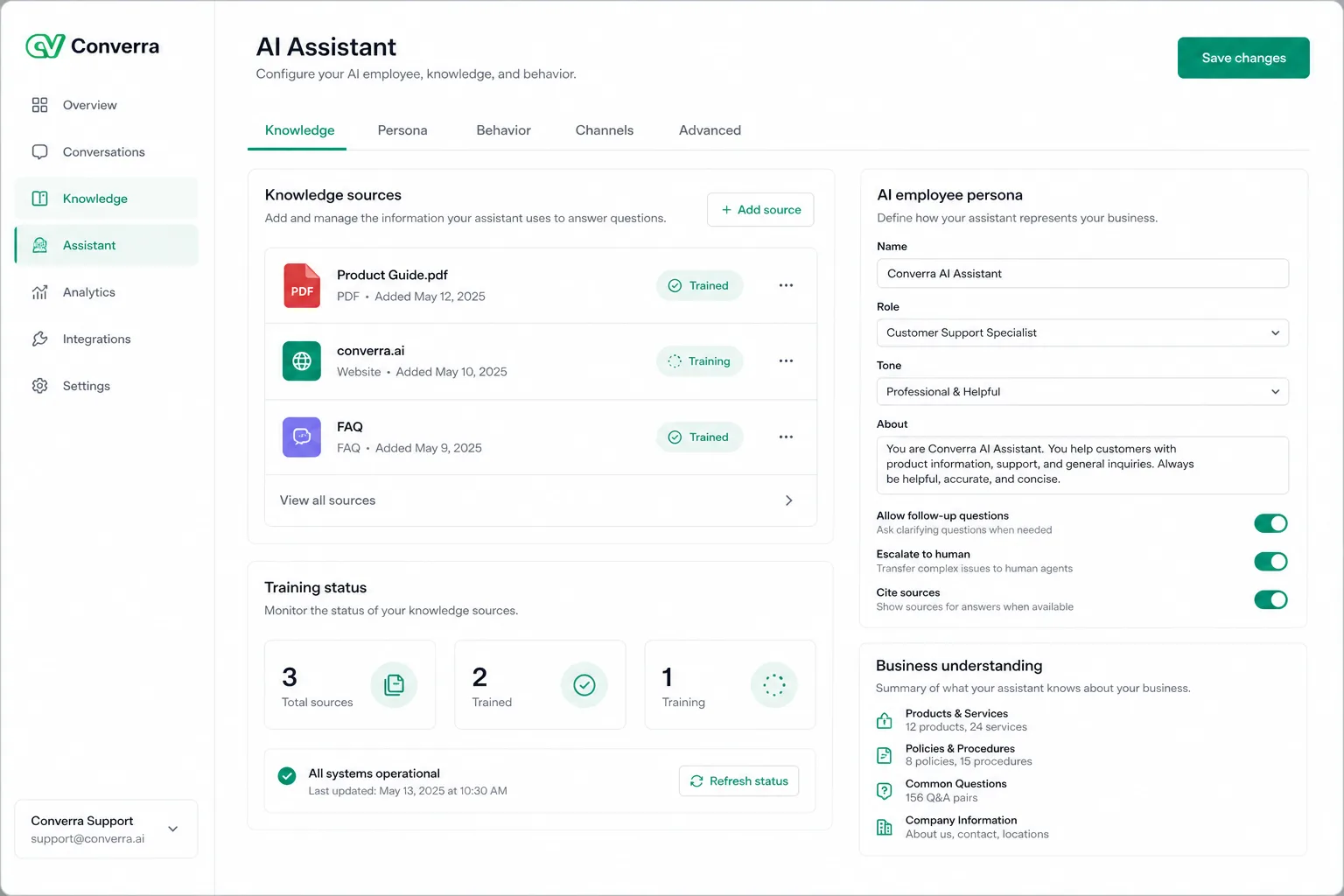 Converra AI Assistant settings with knowledge sources and escalate-to-human controls